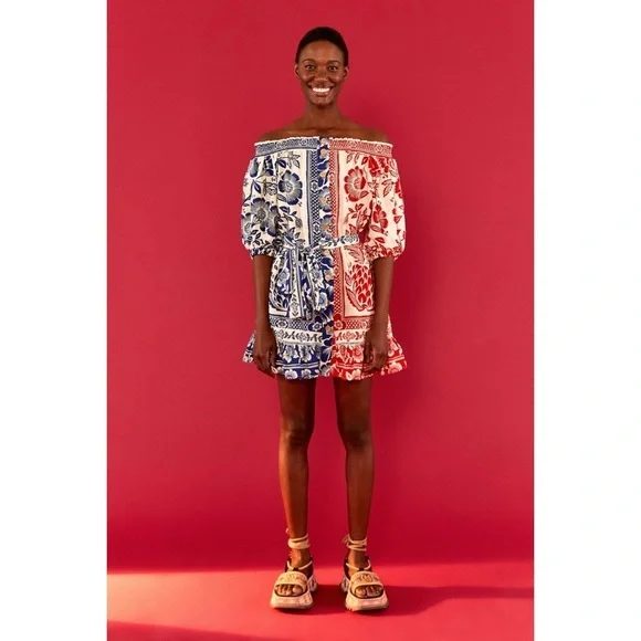 FARM Rio Mixed Pineapple Garden Off the Shoulder Mini Dress Red & Blue Medium - Picture 10 of 10